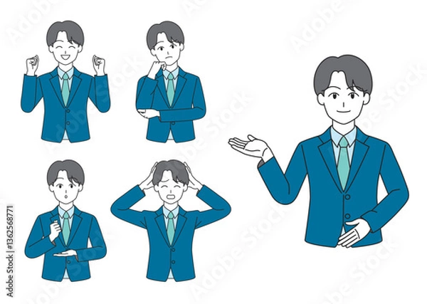 Fototapeta スーツを着た働く男性のイラストセット（ブルー）