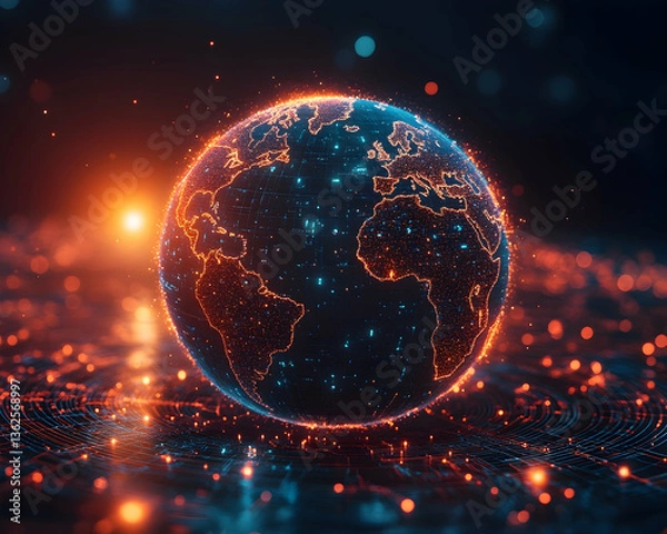 Fototapeta Glowing Earth with light trails shows connectivity, networking, & data