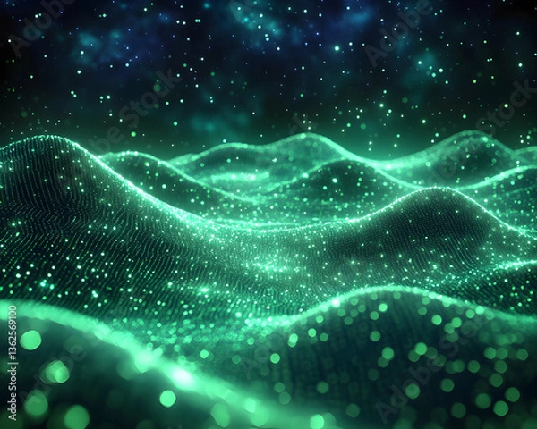 Fototapeta Glowing, emerald, undulating surface with starry background