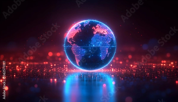 Fototapeta Glowing globe Digital world with red and blue lights on a dark background