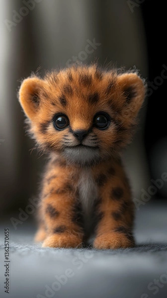 Fototapeta Fuzzy creature with big eyes, brown spots, & round ears sits against a soft blurred background