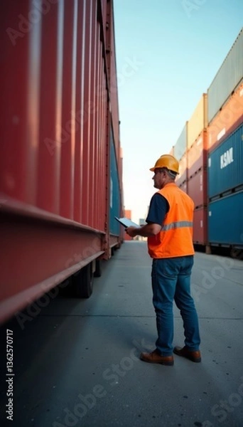 Fototapeta Foreman inspecting shipping containers in terminal, unloading, secure