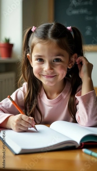 Fototapeta Schoolgirl studying at desk with homework and folder , homework, books