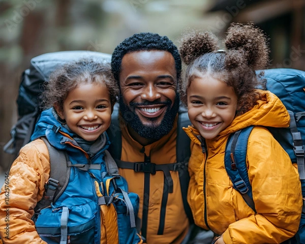 Obraz Happy father and daughters hiking with backpacks, smiling in nature