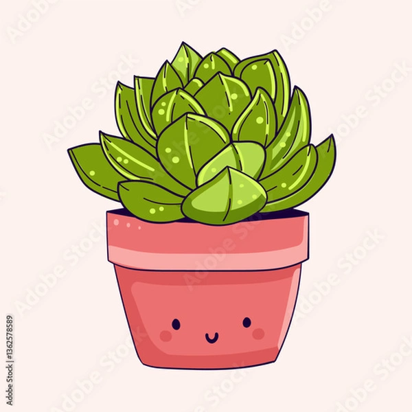 Obraz green echeveria succulent cactus in cute pot illustration vector on isolated white background.