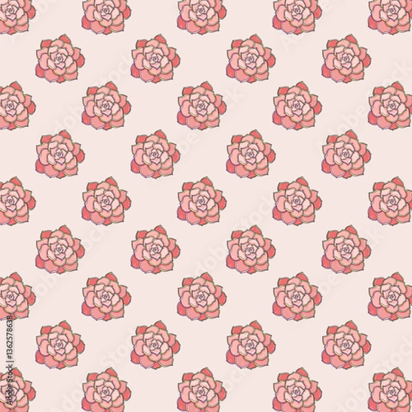 Obraz Poster Seamless cute vector echeveria Ornament endless pattern. hand drawn cactus and succulents outline on soft pink background.