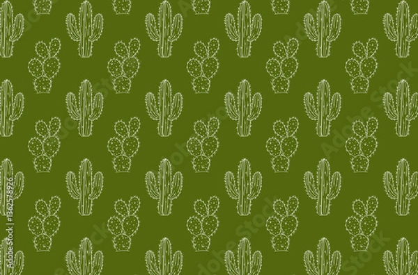 Obraz Seamless vector Ornament endless pattern. hand drawn cactus and succulents outline on green background.