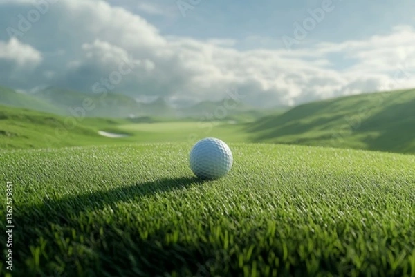 Obraz Golf ball on lush green with cloudy sky background. Neural network AI generated