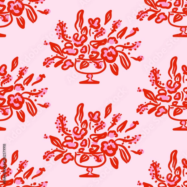 Fototapeta Vector floral seamless pattern. Whimsical red elegant flowers in a pot in hand drawn style on pink background. Garden decor. Retro vibe. Cottage core. Design for fabric, wallpaper, wrapping paper