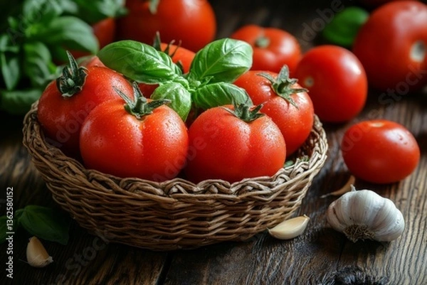 Fototapeta Freshly picked tomatoes and basil placed in a woven basket on a rustic wooden table with garlic nearby