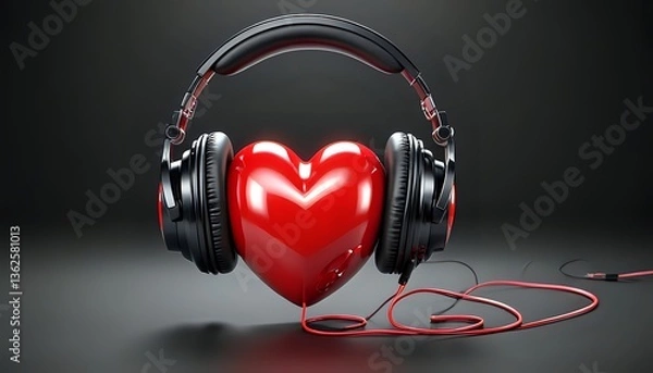 Fototapeta Listening to music with your heart: bright red heart symbol in headphones. Vector style image