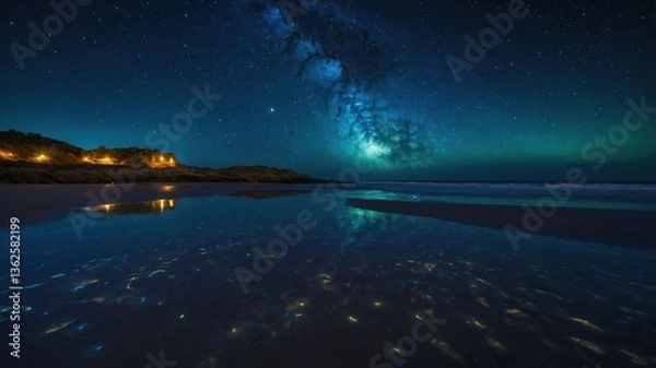 Obraz A serene beach scene under a starry sky with reflections in the water.