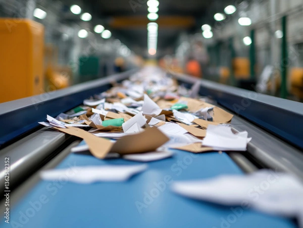 Fototapeta Crumpled papers and cardboard are scattered across conveyor belt recycling facility, showcasing process of waste management and recycling. scene conveys sense of industriousness and environmental