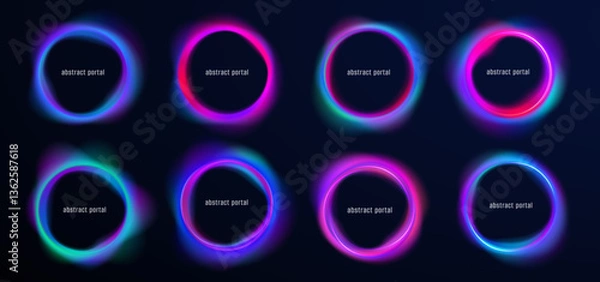 Obraz Curve frame wave neon gradient abstract background light colours graphic shape round design icon vector circular energy glow ring black blue effect texture space flow science spiral swirl fluid png
