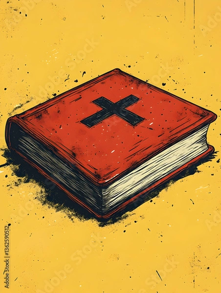 Obraz Illustration of a closed book with a dark cross against a yellow background