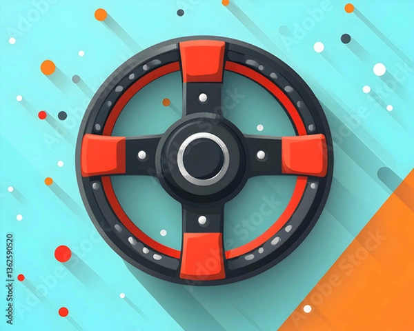 Obraz Illustration of a stylized steering wheel with red accents against a teal background