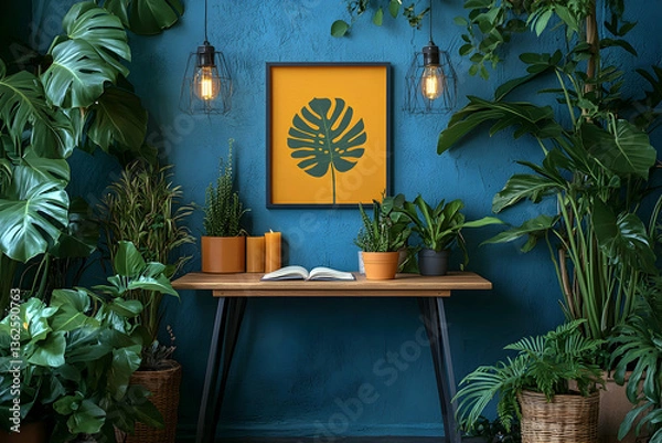 Obraz Indoor garden oasis with plants around desk, picture, candles, and lights against a textured blue wall
