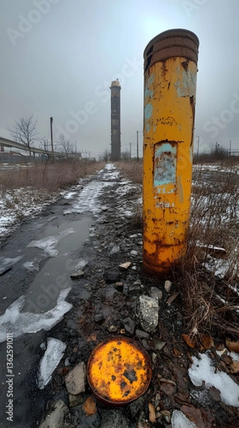 Obraz Industrial area with weathered structures, rubble, and sky