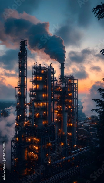 Obraz Industrial complex Smoke billows from a tall smokestack under a dramatic sky