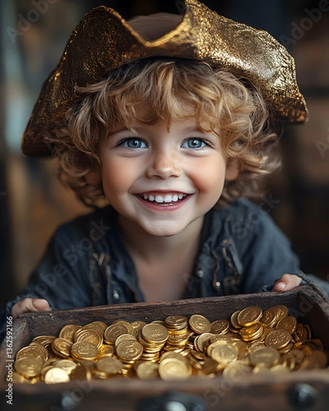 Obraz Happy child with gold coins, wearing a pirate hat