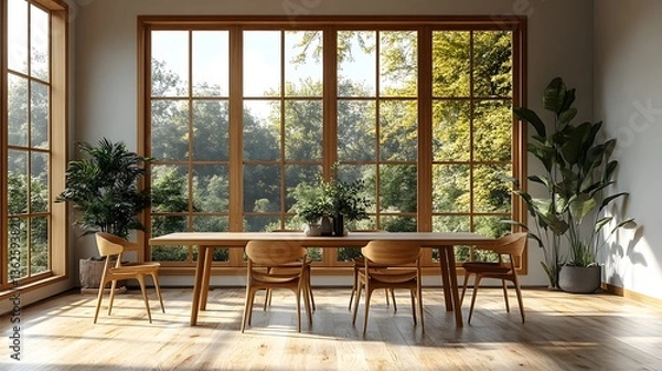 Fototapeta Minimalist dining space with a sleek wooden table soft natural lighting and modern aesthetic harmony 3D rendering illustration