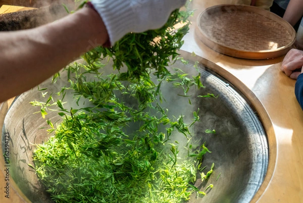 Fototapeta Traditional Chinese tea making techniques involve workers stir frying freshly picked green tea in iron pots