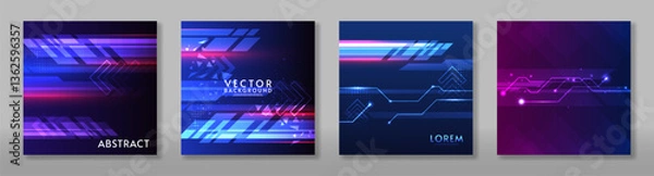 Fototapeta Vector illustration. Dark backdrop with bright neon lines and glow lights. Design for poster, cover, banner, invitation.