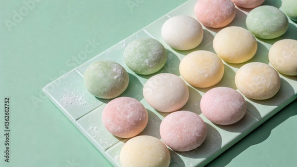 Fototapeta Delightful mochi rice cakes arranged in pastel colors on green background, showcasing minimalist Japanese concept