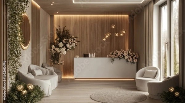Fototapeta A high-end beauty salon reception with a sleek white counter, floral arrangements, and a cozy lounge area with plush sofas