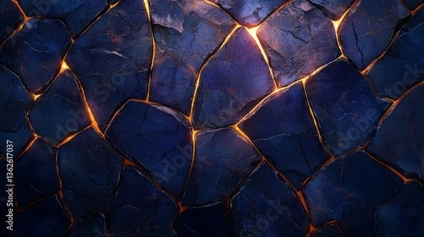 Fototapeta Intriguing stone texture with fiery orange veins radiating from dark crevices