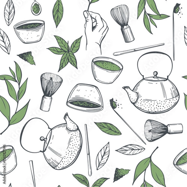 Obraz Hand-drawn matcha tea set. Vector seamless pattern.  Sketch illustration