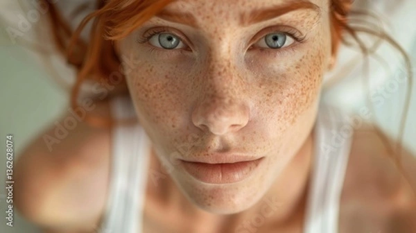 Obraz Close-up portrait of young woman with red hair, pale skin, and blue eyes looking directly at the camera. Her face is covered with freckles. Concept of natural beauty and individuality