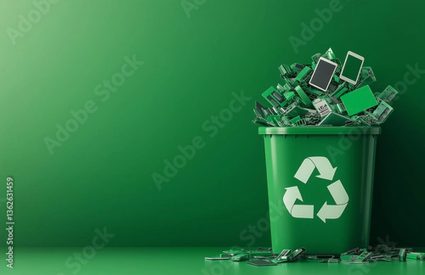 Obraz green recycling bin overflowing with broken electronic devices symbolizes importance of e waste recycling. This highlights environmental responsibility and sustainability
