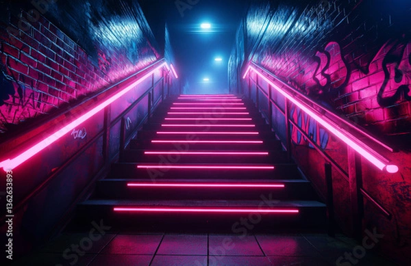 Obraz vibrant city alley features neon pink lights illuminating stairs, creating moody atmosphere. graffiti on walls adds urban edge to scene