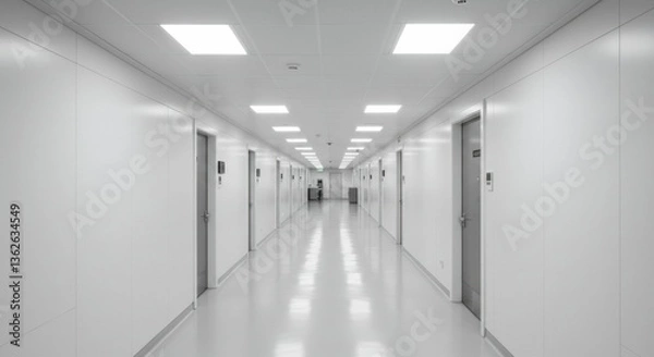 Fototapeta Empty, modern corridor with white walls and polished floor