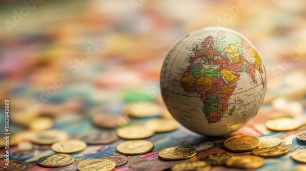 Fototapeta Miniature globe placed on banknotes and coins symbolizing global economy, currency exchange, and international investment. Concept of finance, economics, globalization, and wealth distribution.