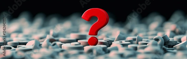 Fototapeta red question mark stands out against blurred background of abstract shapes, symbolizing curiosity and inquiry. contrast creates striking visual impact