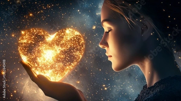 Fototapeta Mother day treasure devotion. A serene woman holds a glowing heart-shaped galaxy, symbolizing love and connection against a cosmic backdrop.