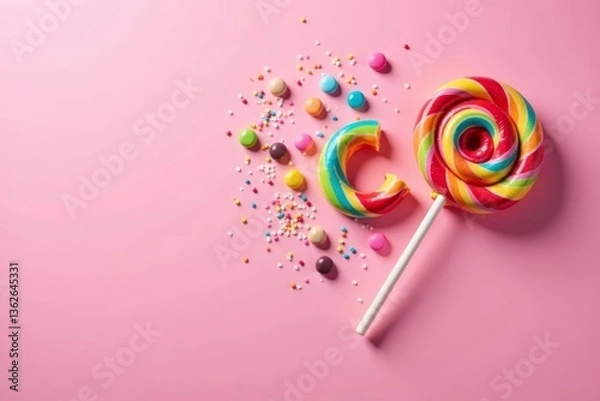 Obraz Colorful lollipop broken into pieces on pink background with scattered candies and confetti , lollipop, candy