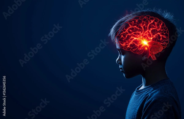 Obraz young boy with glowing brain illustration, symbolizing creativity and imagination. image captures thoughtful expression against dark background