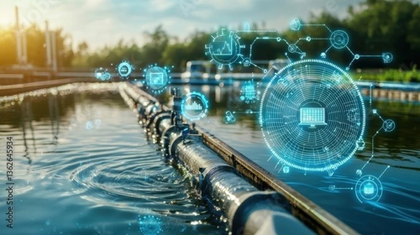 Obraz Water Pipeline with Digital Technology and Data Visualization Concepts