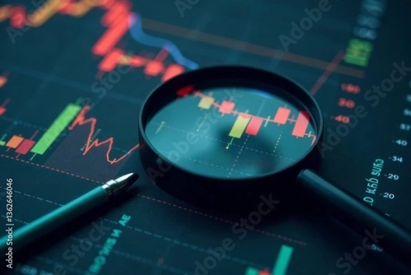 Obraz Dark market background with magnifying glass over a sales graph and stock images of office materials, finance, management