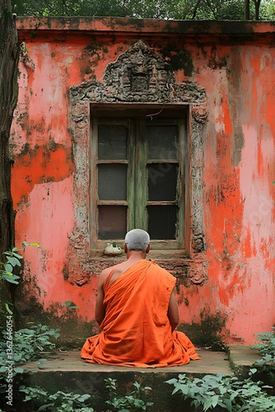 Obraz Monk meditates before old window