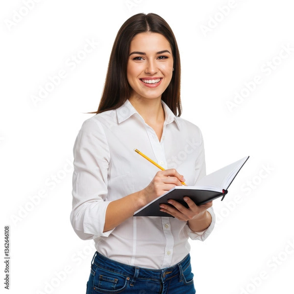 Fototapeta Happy female student is ready to take notes with pencil and notebook isolated on White background PNG transparent background