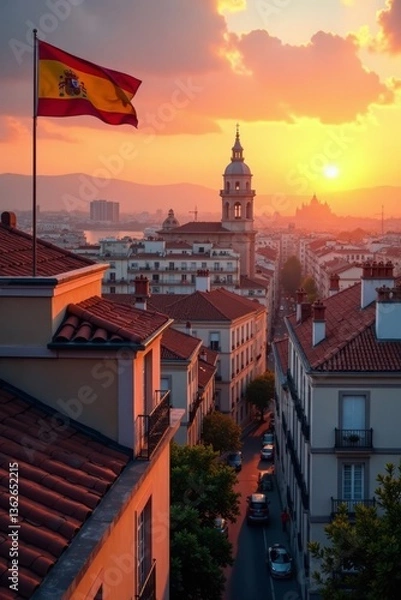 Obraz Timeshare property in Madrid with Spanish flag waving on roof, overlooking cityscape at sunset , Europe, timeshare