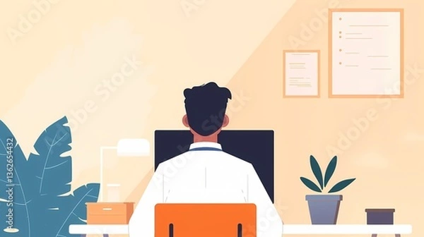 Obraz Doctor working on computer, Rear view of a doctor sitting at a desk using a computer.