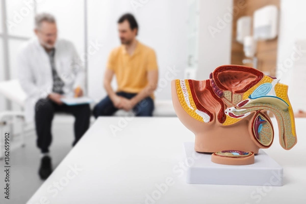 Fototapeta Consultation of urologist for mature male patient with prostatitis. Treatment of men's diseases and prostatitis. Anatomical model of male reproductive system