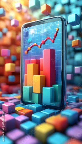 Fototapeta Phone screen displays graph, bars on pixelated, colored squares background