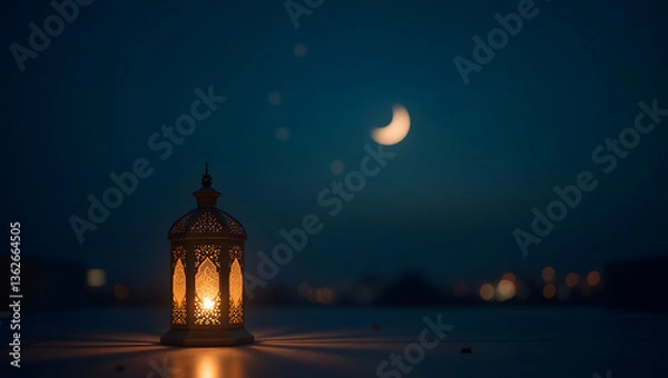 Fototapeta Lantern with crescent moon on night sky background with empty copy space text area. Islamic background, Eid greetings cards background. Design concept of Ramadan kareem, Eid al fitr, Eid ul adha.