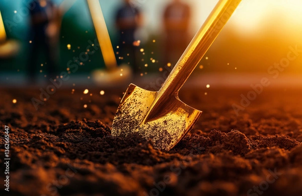 Obraz close up of golden shovel digging into rich soil during groundbreaking ceremony, symbolizing new beginnings and hope. warm sunlight enhances moment significance